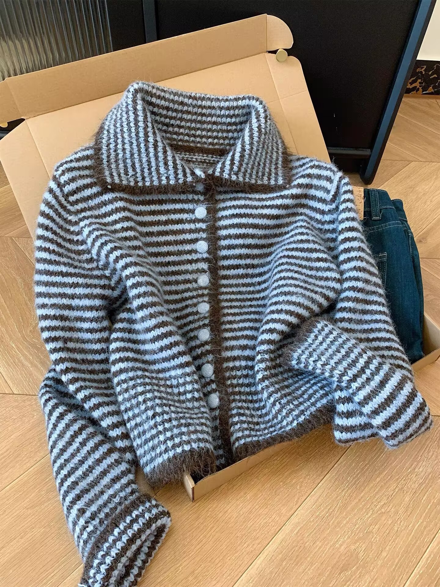 韩系复古条纹撞色小翻领针织开衫女2025新款软糯毛衣外套