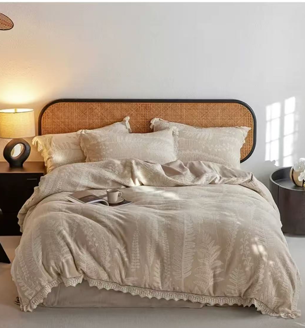 【麻生活】【棉麻 铃兰颂】法式提花棉麻四件套三层纱床单