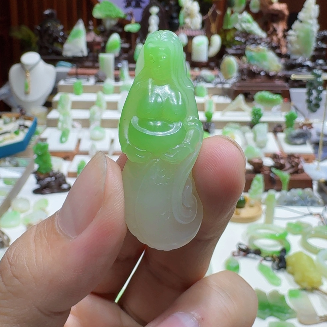 和田玉（翠青玉）未镶嵌挂件和田玉青海翠青美人鱼虞美人玉贵人挂件