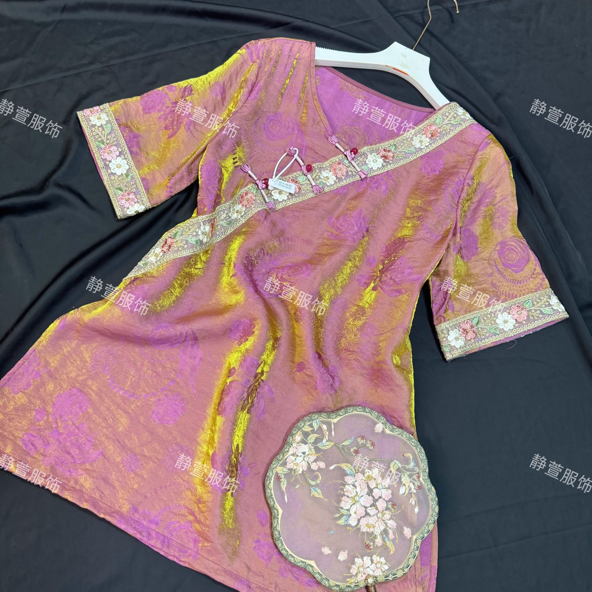 3161-夏季V领提花夏季五分袖新中式短裤套装夏季女款网红