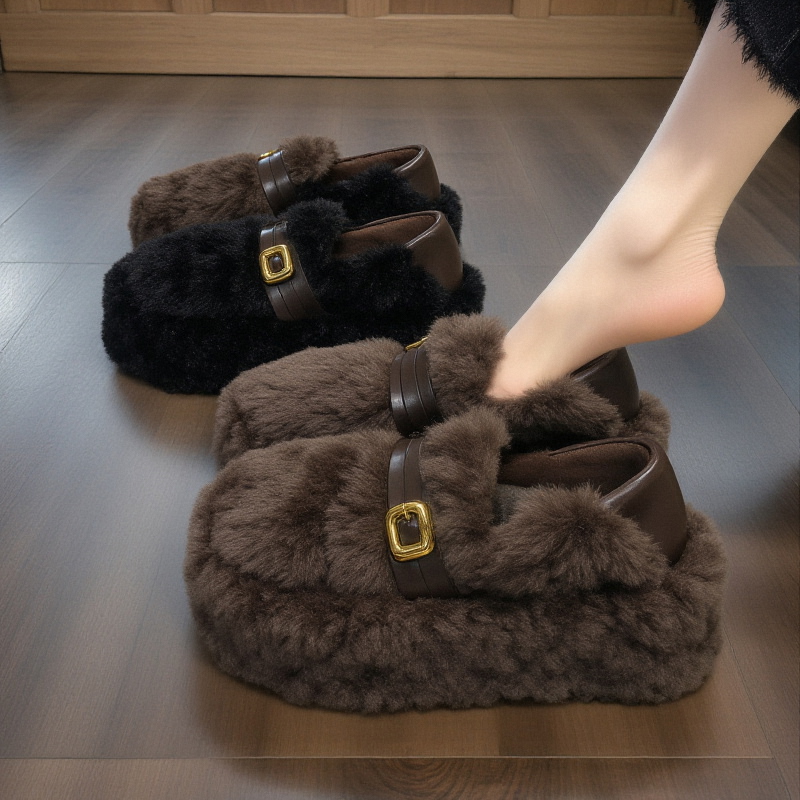 【羊羔绒】毛毛鞋女2025新款冬季皮带扣厚底加绒保暖孕妇豆豆棉鞋