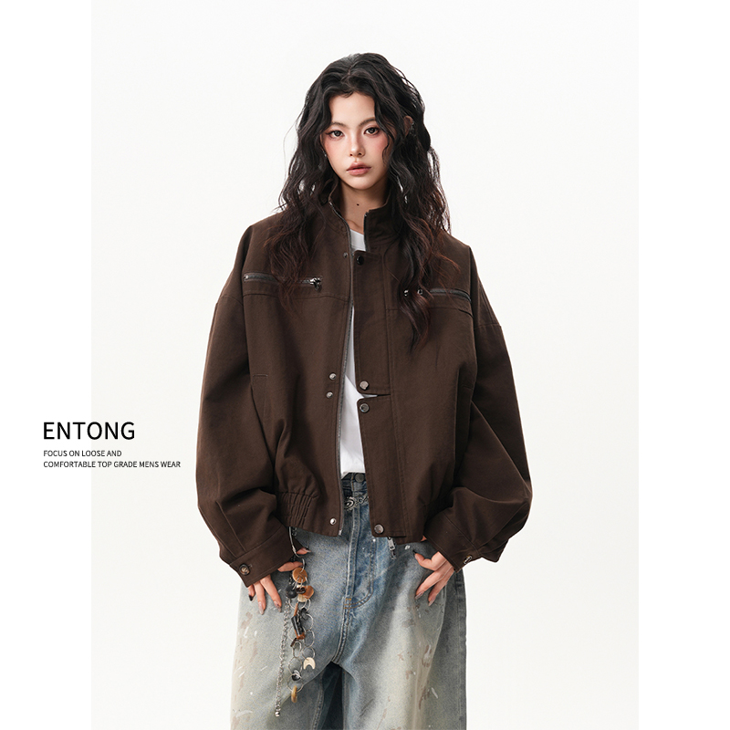 Entong美式巴恩风立领工装牛仔外套男秋冬复古高级感加厚机车夹克