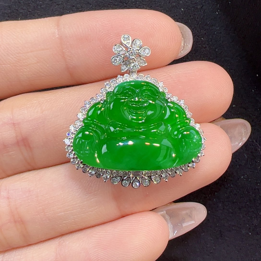 翡翠吊坠(不含链)18K金镶嵌佛公