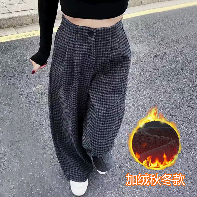 韩系百搭潮流加绒格子裤女2025秋冬新款时尚百搭高腰休闲阔腿裤