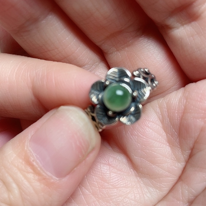 透闪石-蛇纹石玉戒指银S925镶嵌