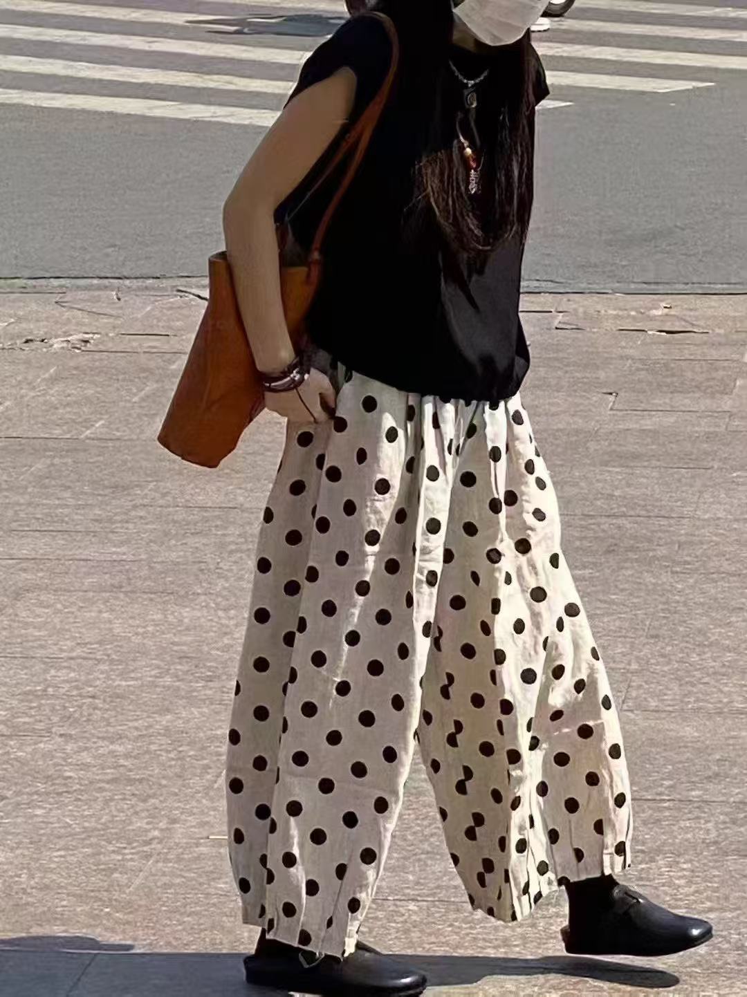 别出新裁6321日系复古文艺亚麻波点灯笼裤  裤长87