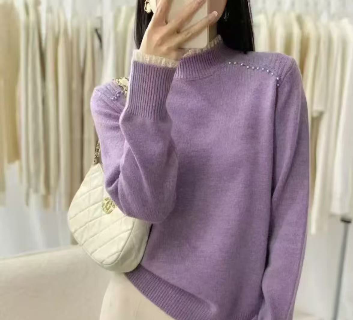 秋冬新款蕾丝领设计针织打底衫女半高领宽松毛衣减龄内搭上衣