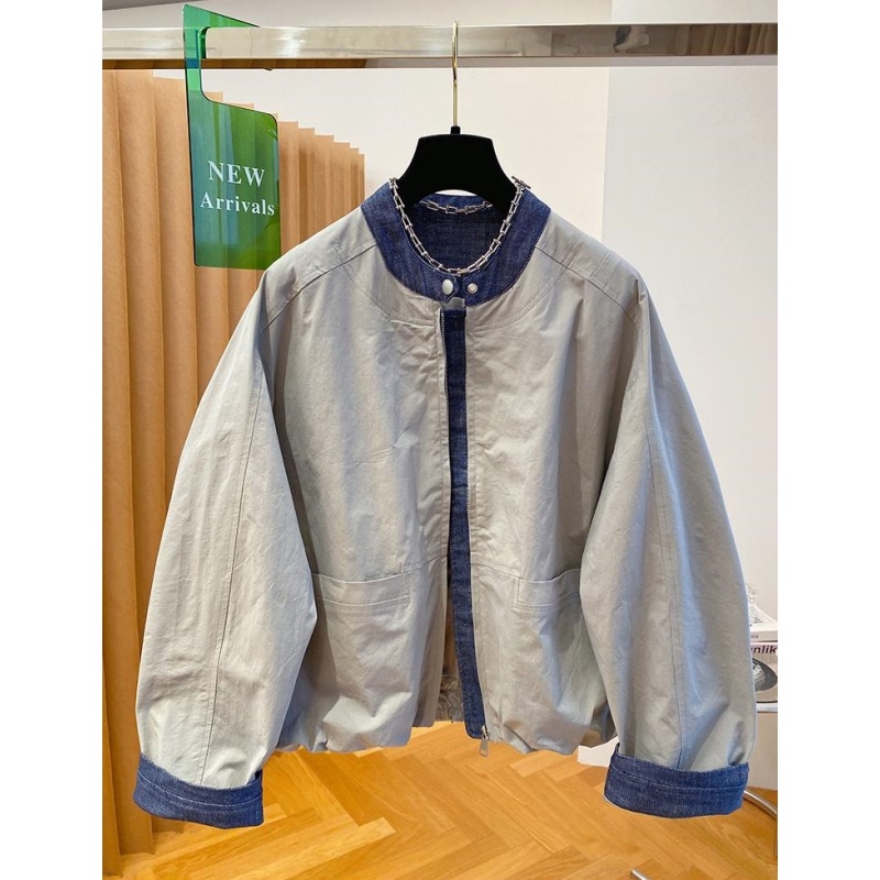 6377韩国设计感小众牛仔拼接外套女新款宽松立领夹克棒球服上衣春