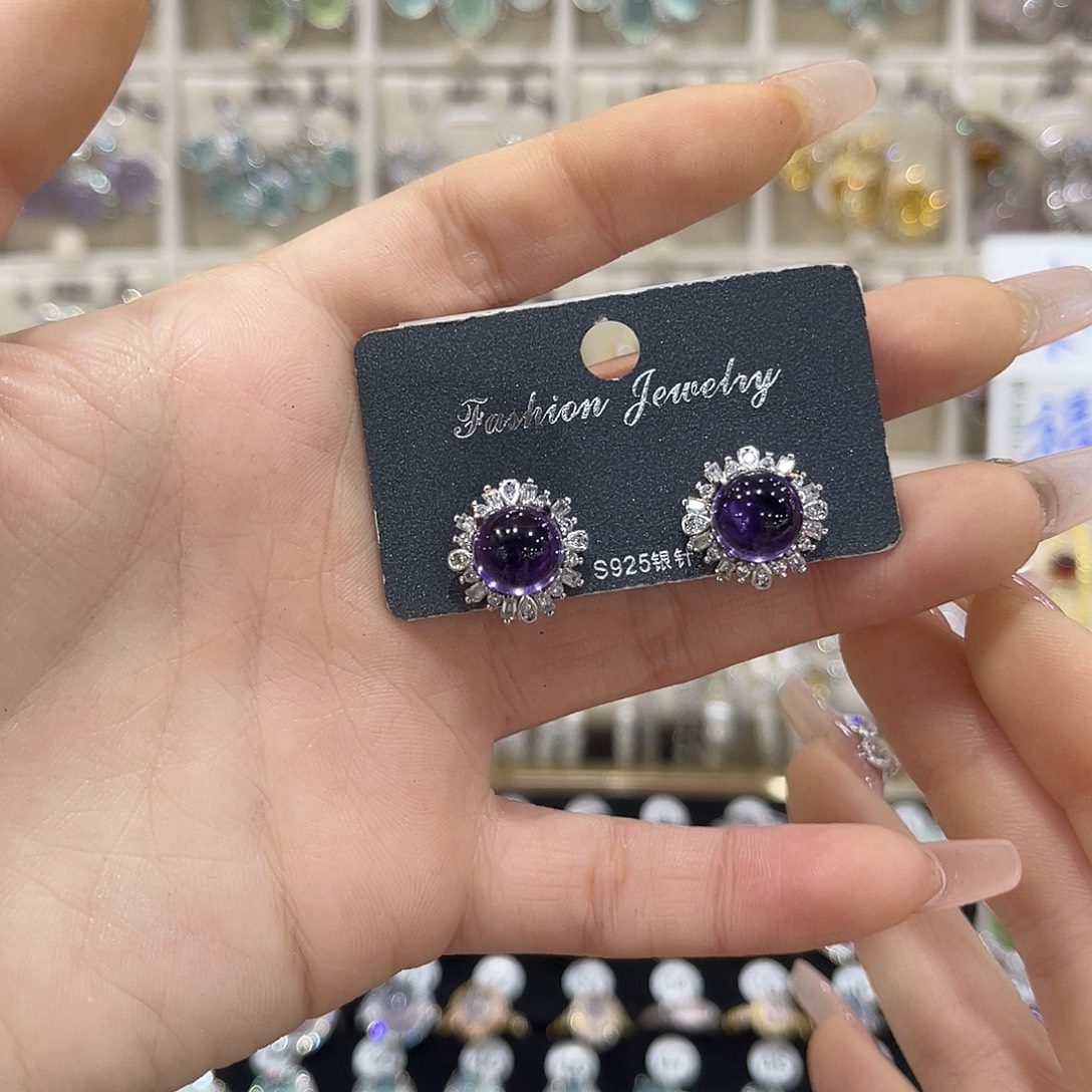李***粒耳饰银S925镶嵌紫晶