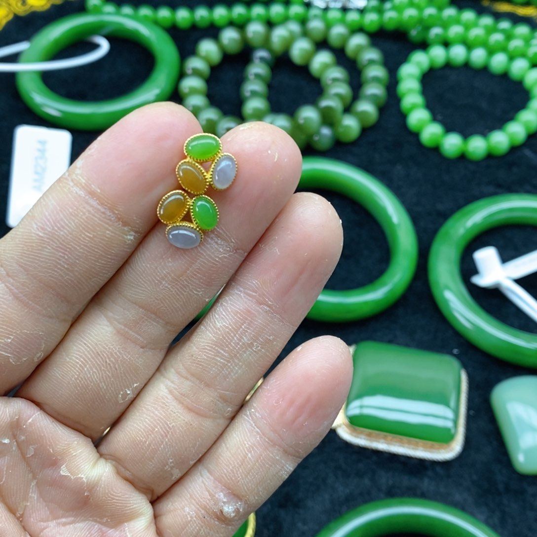 和田玉（碧玉）耳饰银S925镀金镶嵌D****a