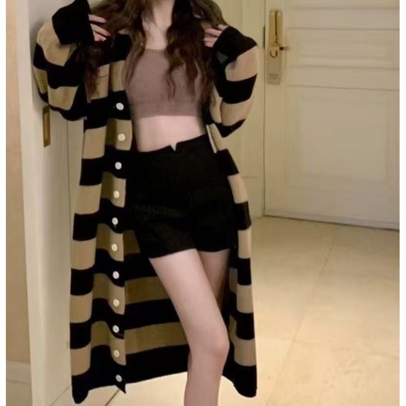 [胖鹅张]设计感横条纹长款开衫外套#223[实物以直播间展示为准]