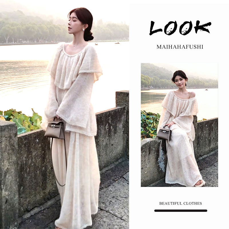 秋季一整套女装2025新款韩版气质露肩薄款毛衣针织半身裙两件套装