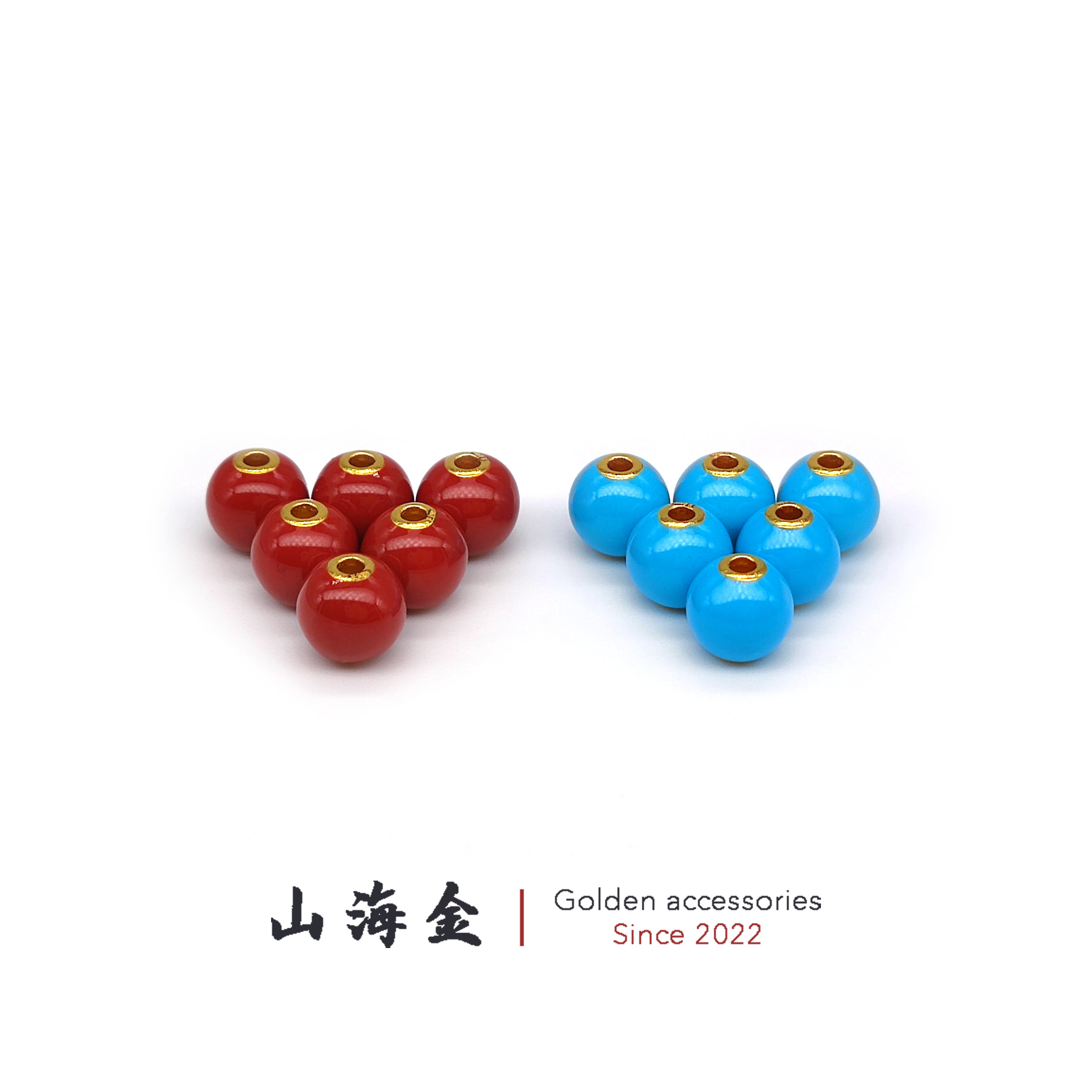 山海金 999足金 珐琅圆珠珊瑚色松石色隔珠108念珠苹果珠DIY配饰