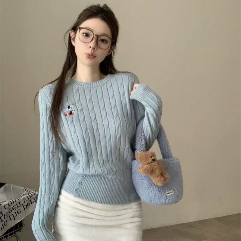 花倾慕趣味小狗刺绣毛衣麻花收腰针织衫女百搭韩系显瘦上衣5936