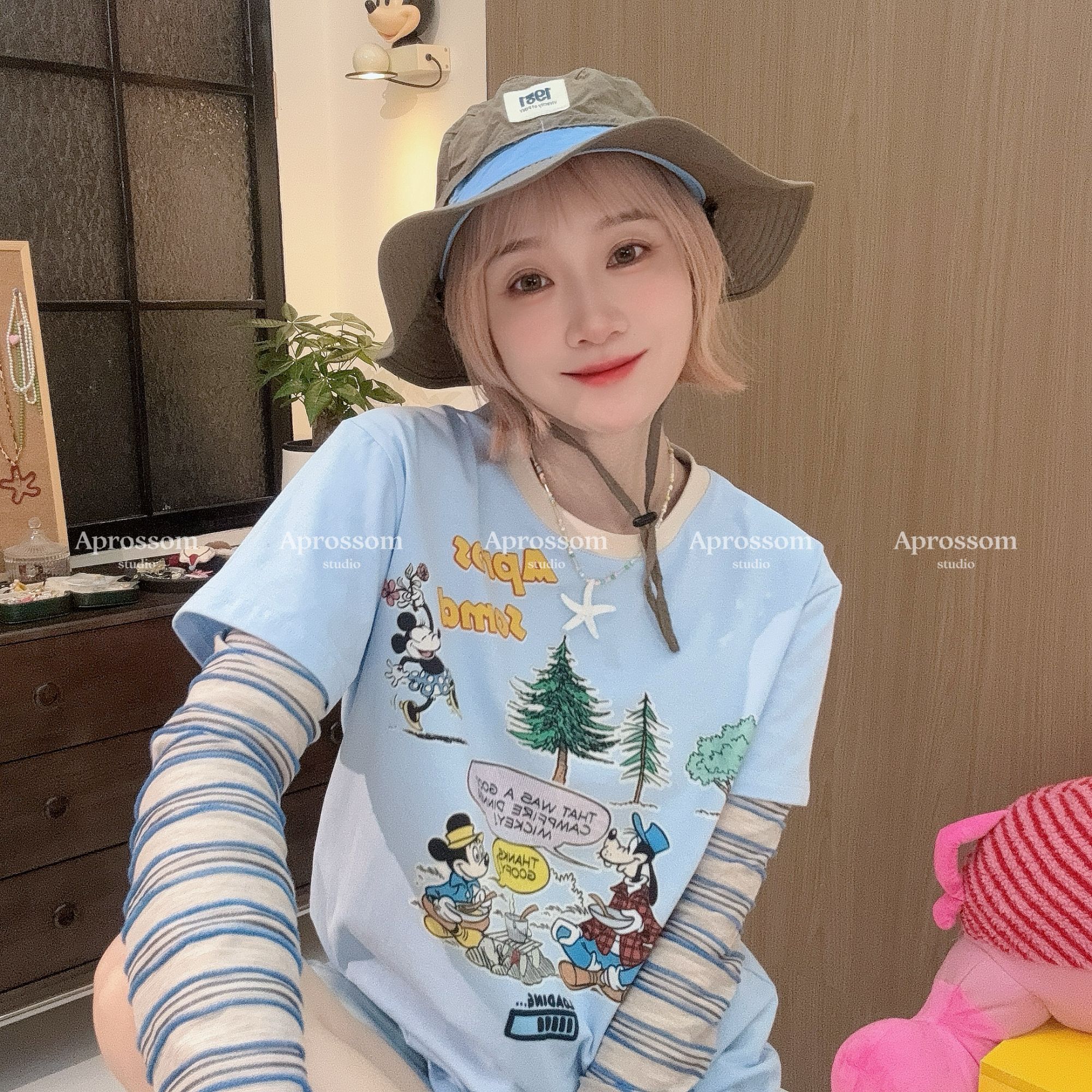 Apr.【郊游米奇】圆领假两件长袖INS风拼接T恤韩版薄印花女25ST254