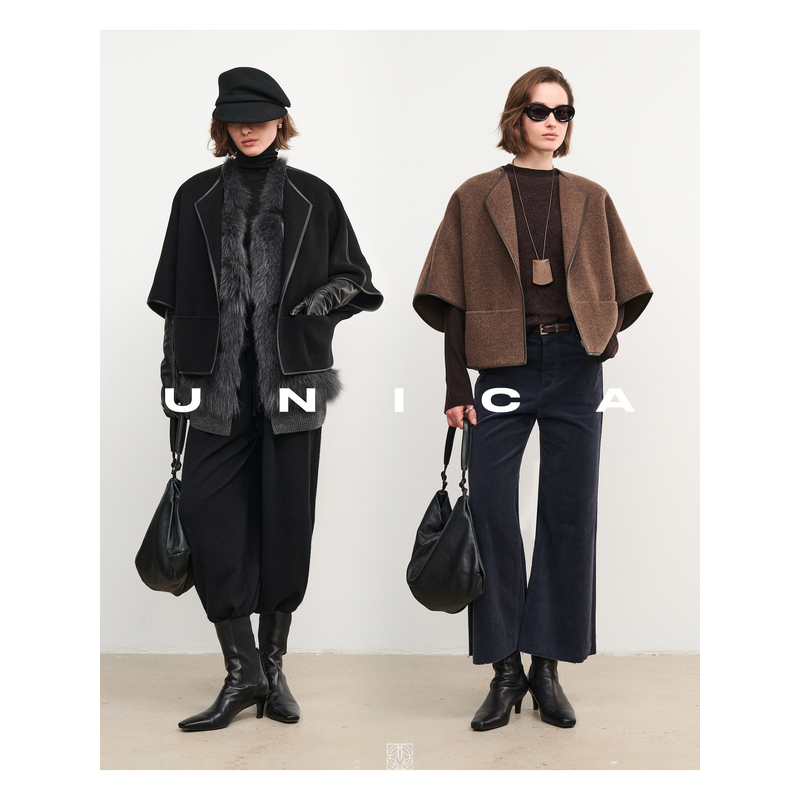 UNICA/精致羊皮饰边全羊绒0压感双面呢七分连肩蝙蝠袖短款外套