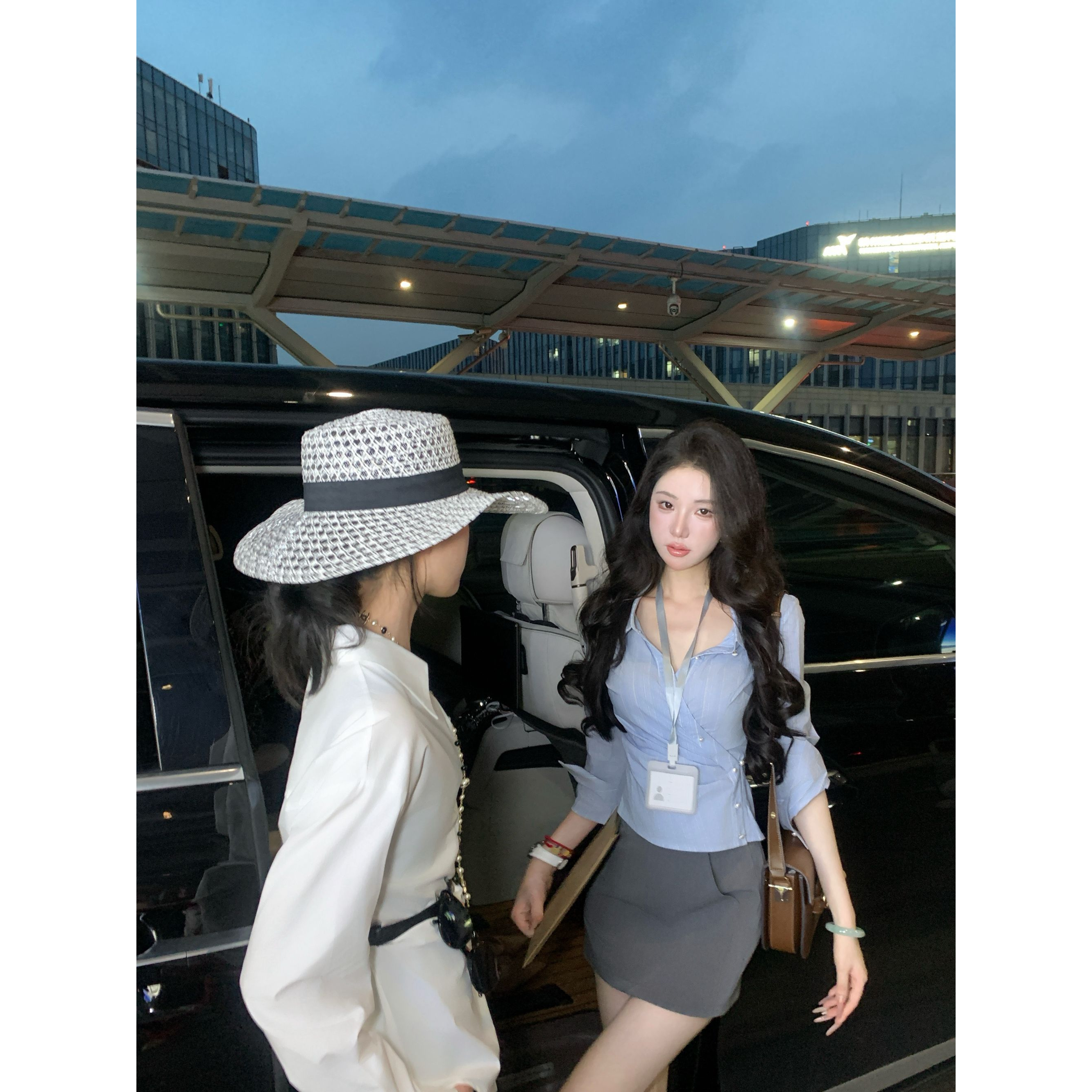 【雅乔定制】明洞丽人 不规则斜襟蓝色条纹长袖衬衫DYLL-25076386