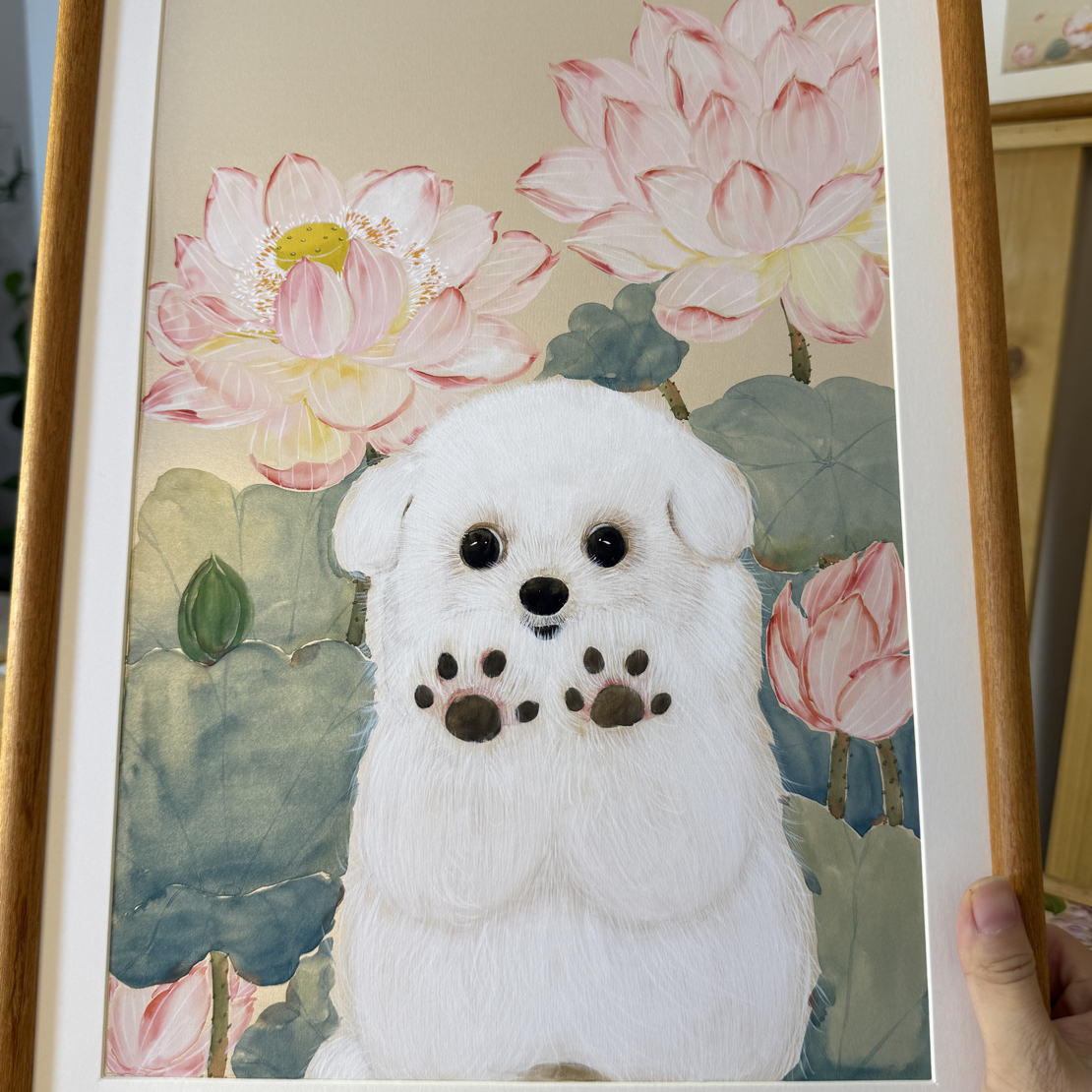 狗狗荷花尺寸32✖️44带框装裱装饰画实木柚木画框弹珠背板