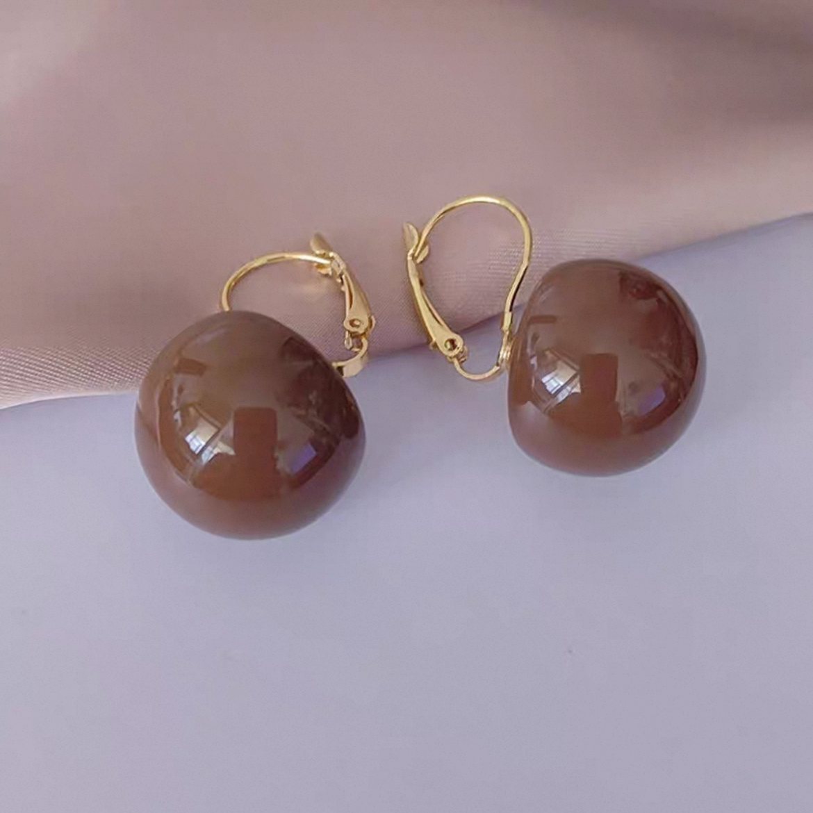 合金仿珍珠耳饰 1726合金高级感焦糖巧克力贝珠耳环