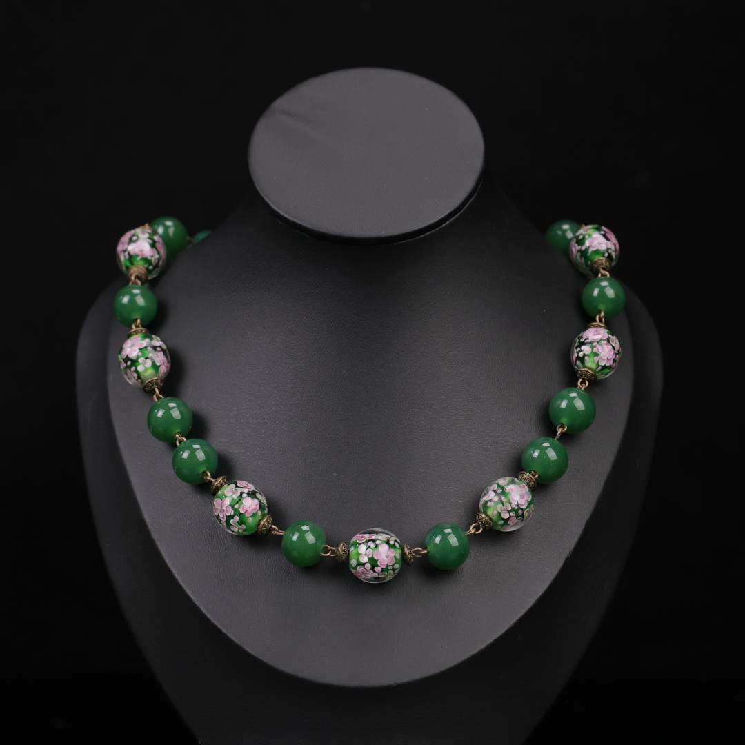 合金项链 玉楼东合金项链 LZ0137 绿色桃花繁花绿料琉璃项链