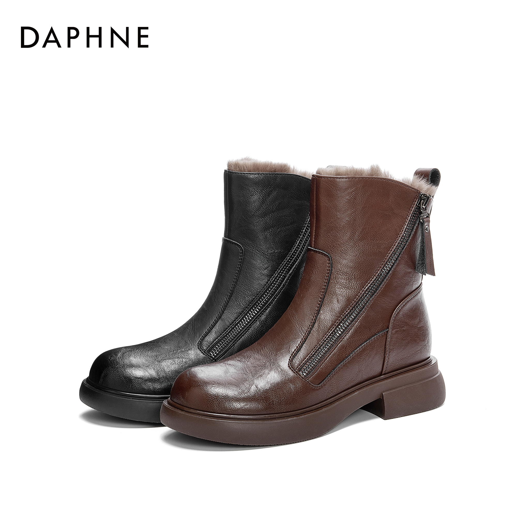 达芙妮2025女士中跟百搭英伦风侧拉链加绒加厚保暖圆头厚底时装靴