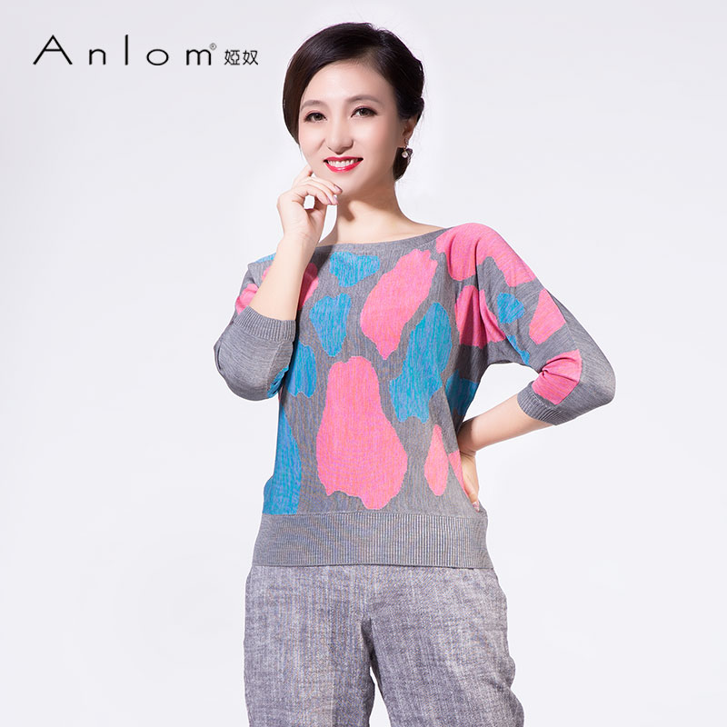 Anlom/娅奴春夏桑蚕丝针织衫女蝙蝠衫女休闲图案真丝套头衫