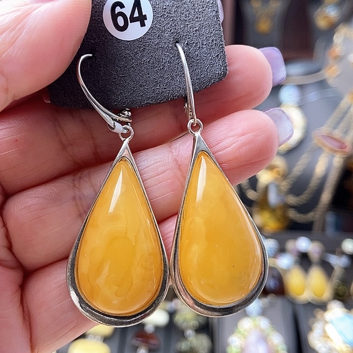 琥珀耳饰银S925镶嵌耳环