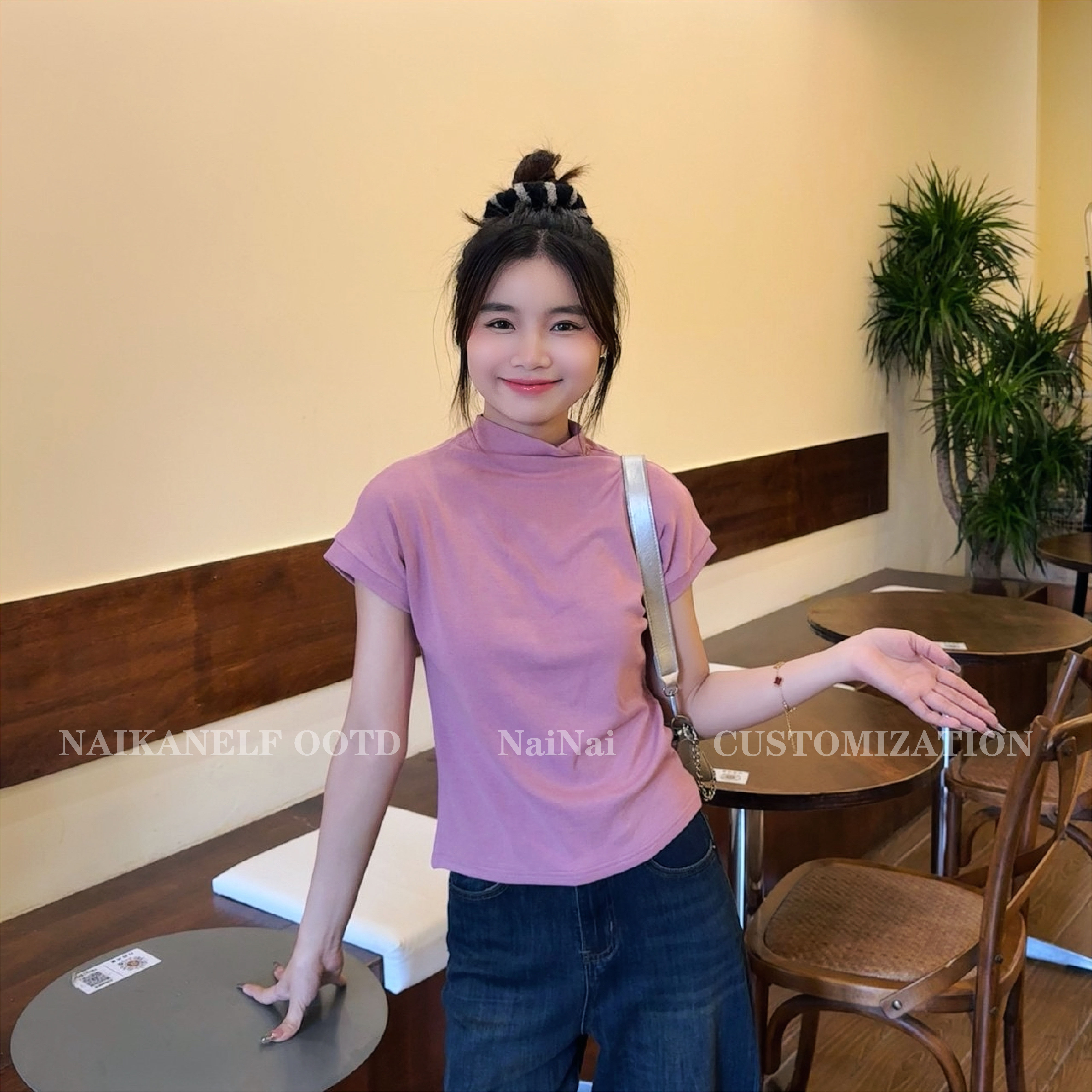 奈看小个子【半高领短袖】T恤纯色内搭秋冬新款修身显瘦上衣