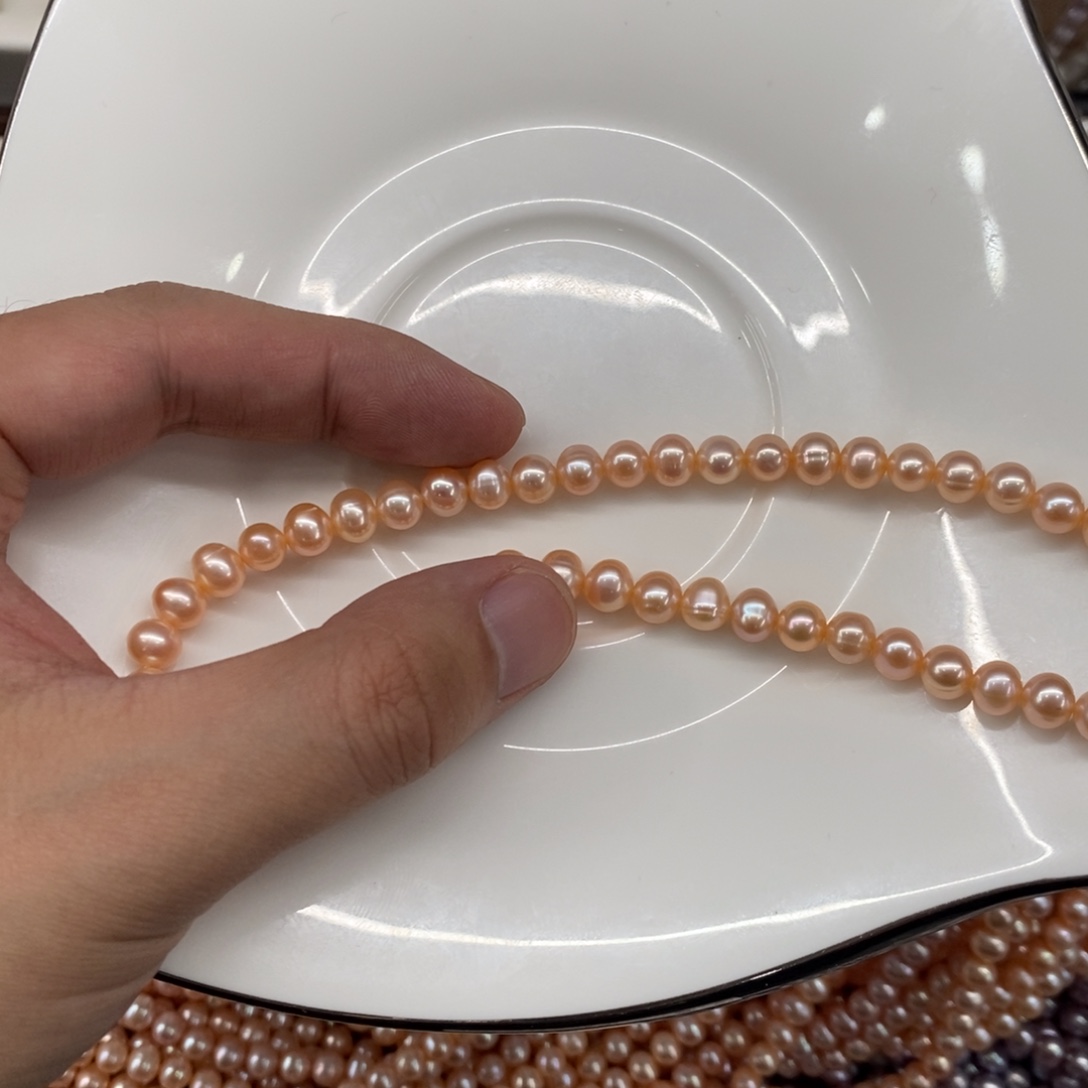 淡水珍珠合金颈饰6-7中国红项链有螺纹