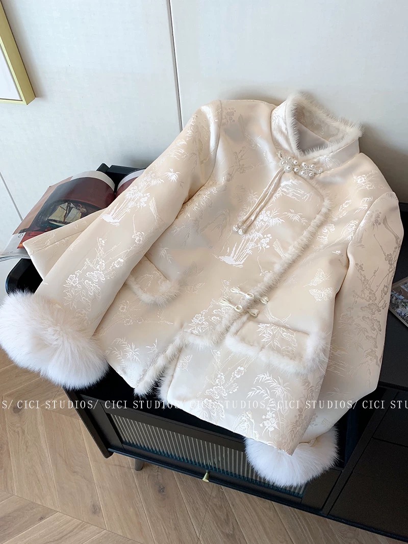 新中式重工国风提花仿貂毛棉服女冬2025新款禅意温柔高级感短外套