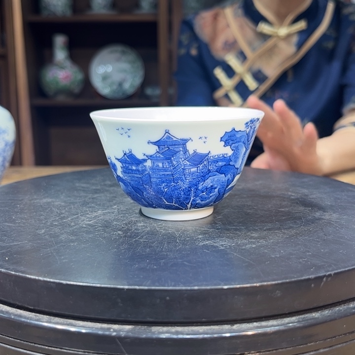 杯子青花山水楼阁杯