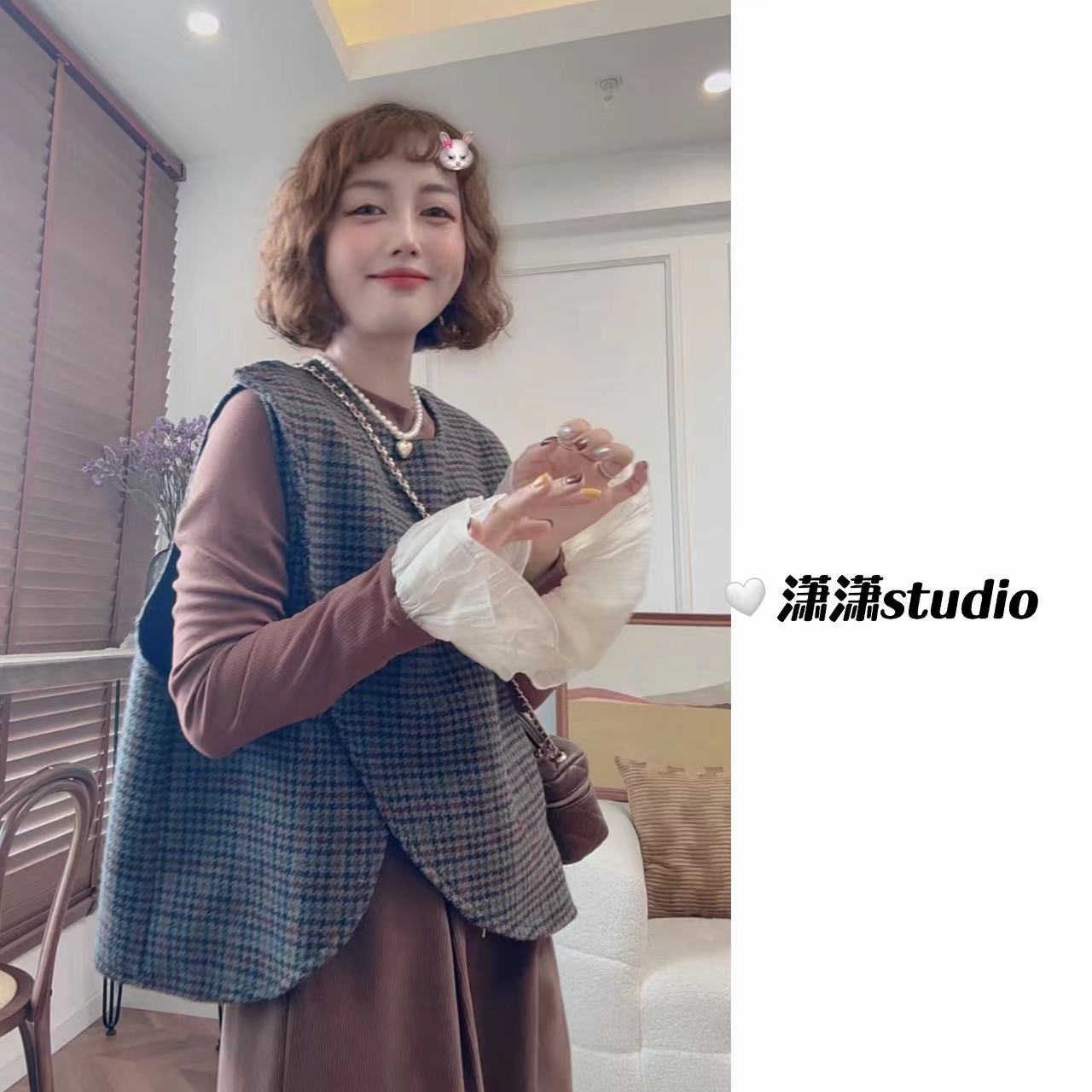 【千鸟格马甲】【不带胸针】潇潇侧排扣超美尼料胖瘦可穿马甲XW99102