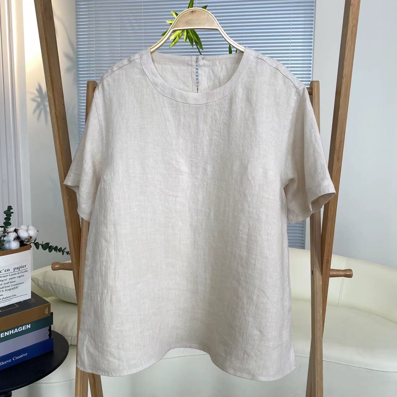 兰姐服饰直播间夏季新款时尚百搭纯色圆领A版汉麻短袖1116