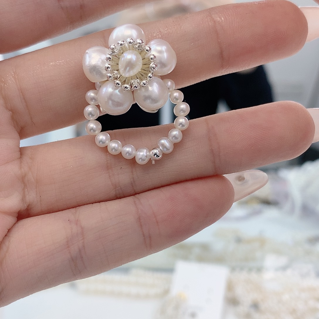 银S925镶嵌耳饰淡水珍珠白花戒指