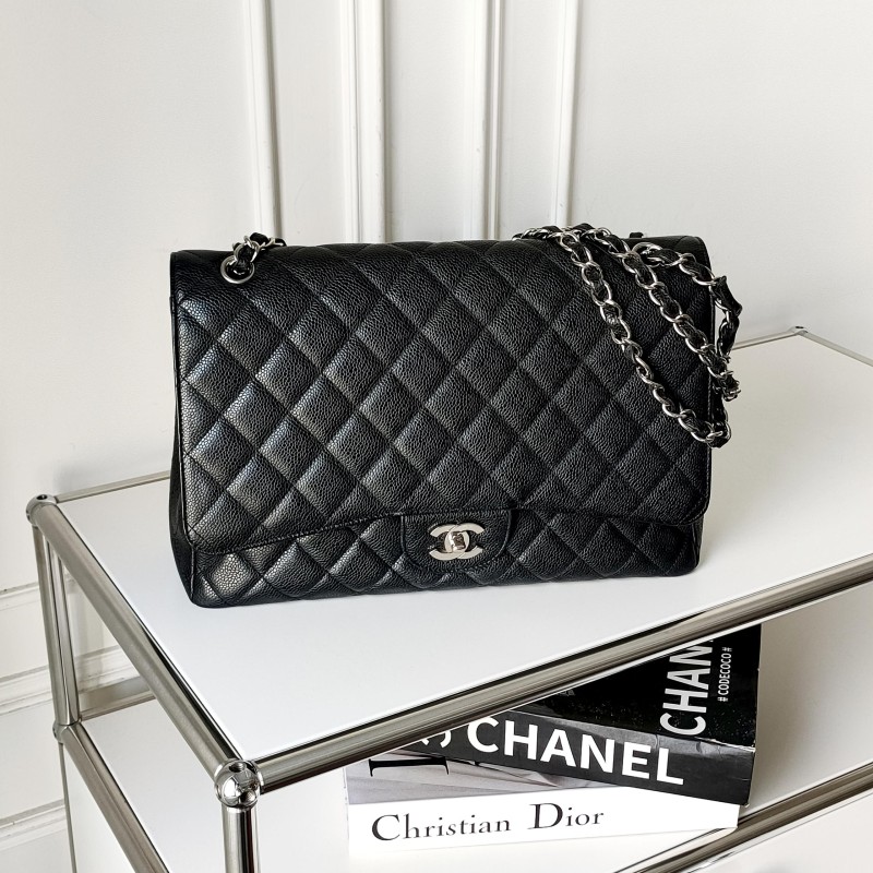 95新 Chanel/香奈儿 Azul - 黑银荔枝皮cf maxi单肩包 52451