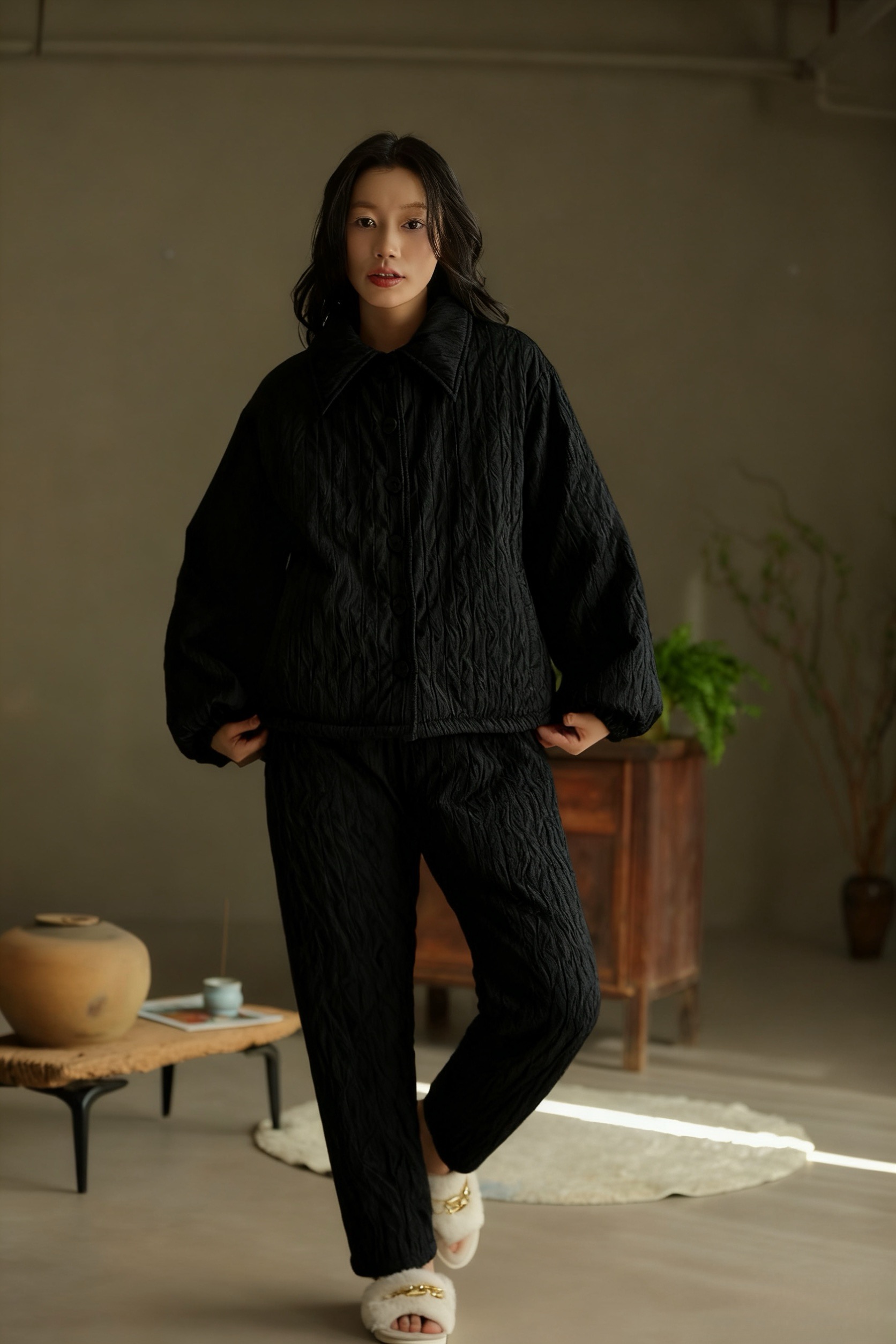 黑色睡衣冬季翻领保暖夹棉家居服套装冬季防水女士成人厚款