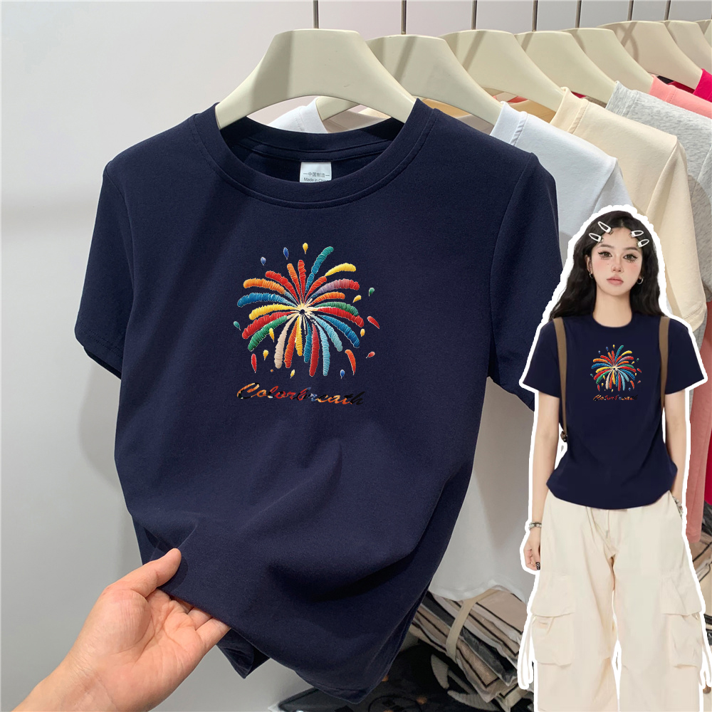 正肩显瘦显白短袖T恤女装设计感打底纯棉百搭卡通印花ins圆领上衣