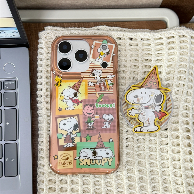少女心棕色插画史努比+支架适用16promax手机壳iPhone17苹果15/14
