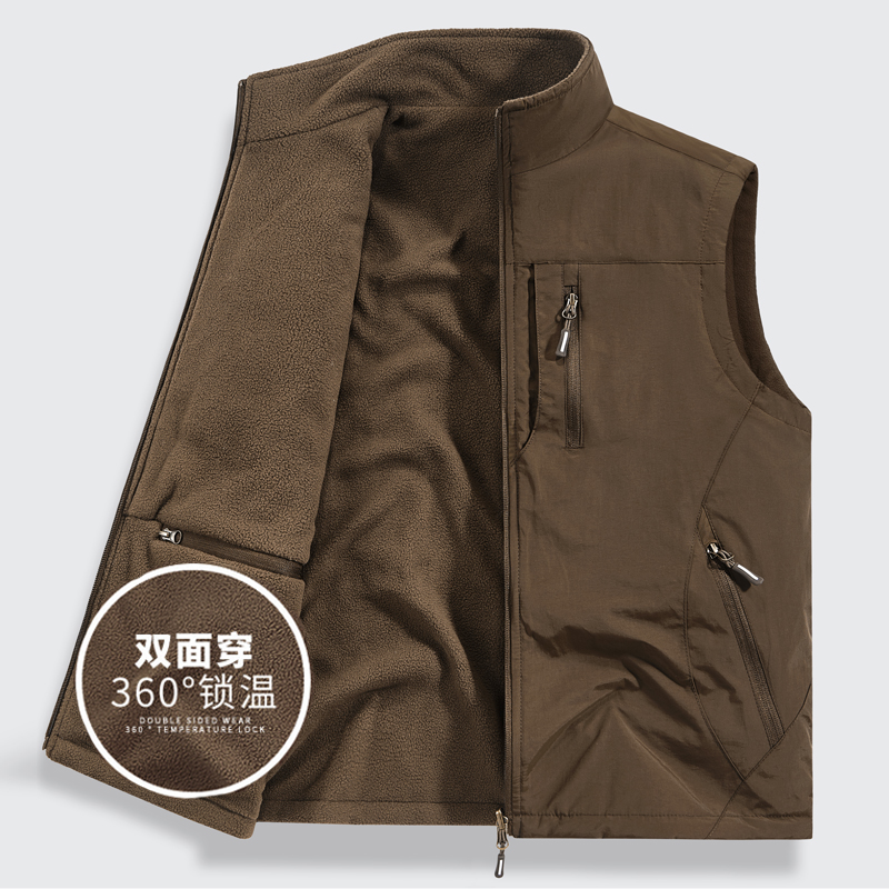 双面马甲男秋冬2025新款摇粒绒工装摄影背心中老年多功能加绒坎肩