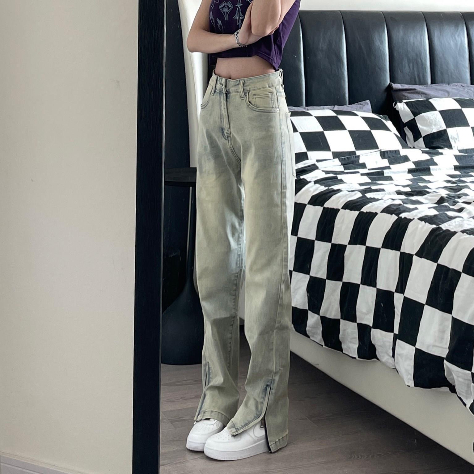 2025春夏高街水泥黄潮牌直筒拖地垂感拉链开叉牛仔裤