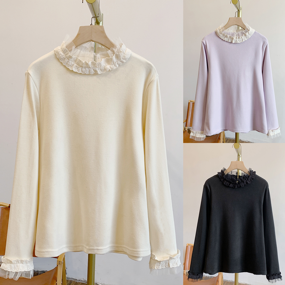 仙仙C5373磨毛德绒网纱蕾丝边立领长袖T恤