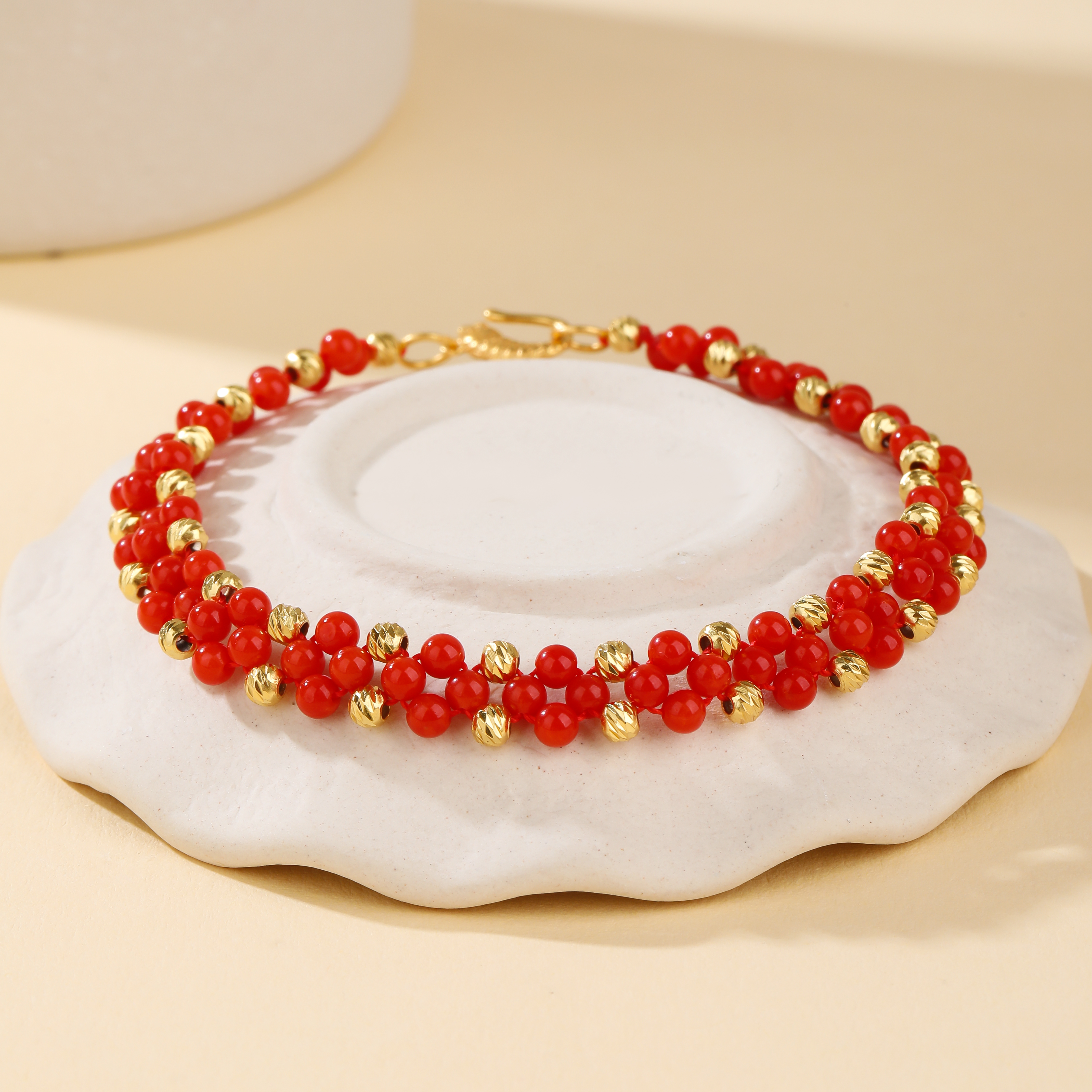 天然红珊瑚925银镀金镶嵌手链简约百搭款(多样性发其一）E15