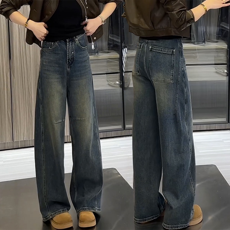 复古蓝阔腿裤女春季2025年新款小个子窄版宽松显瘦弯刀直筒牛仔