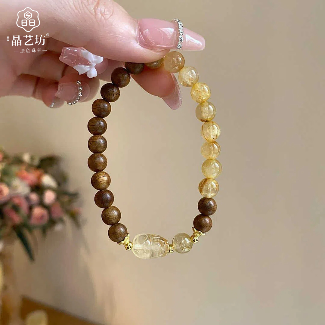天然金发晶水晶手链女新中式沉香木招财貔貅国学手串国潮爆款礼物