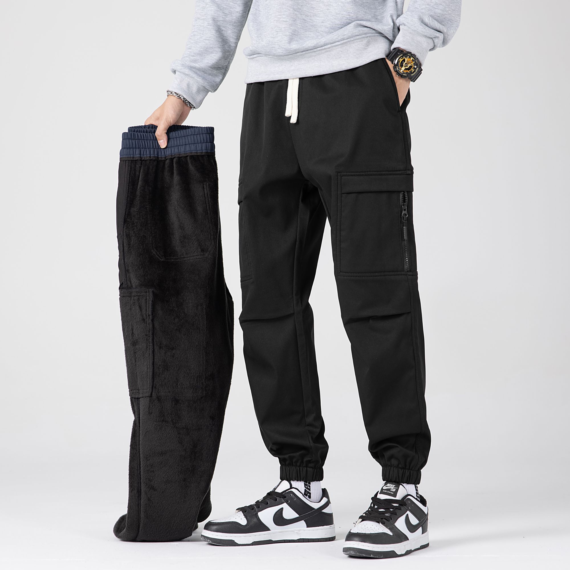 雅鹿男装2025新款休闲束脚裤男士休闲裤秋冬保暖加绒加厚工装裤