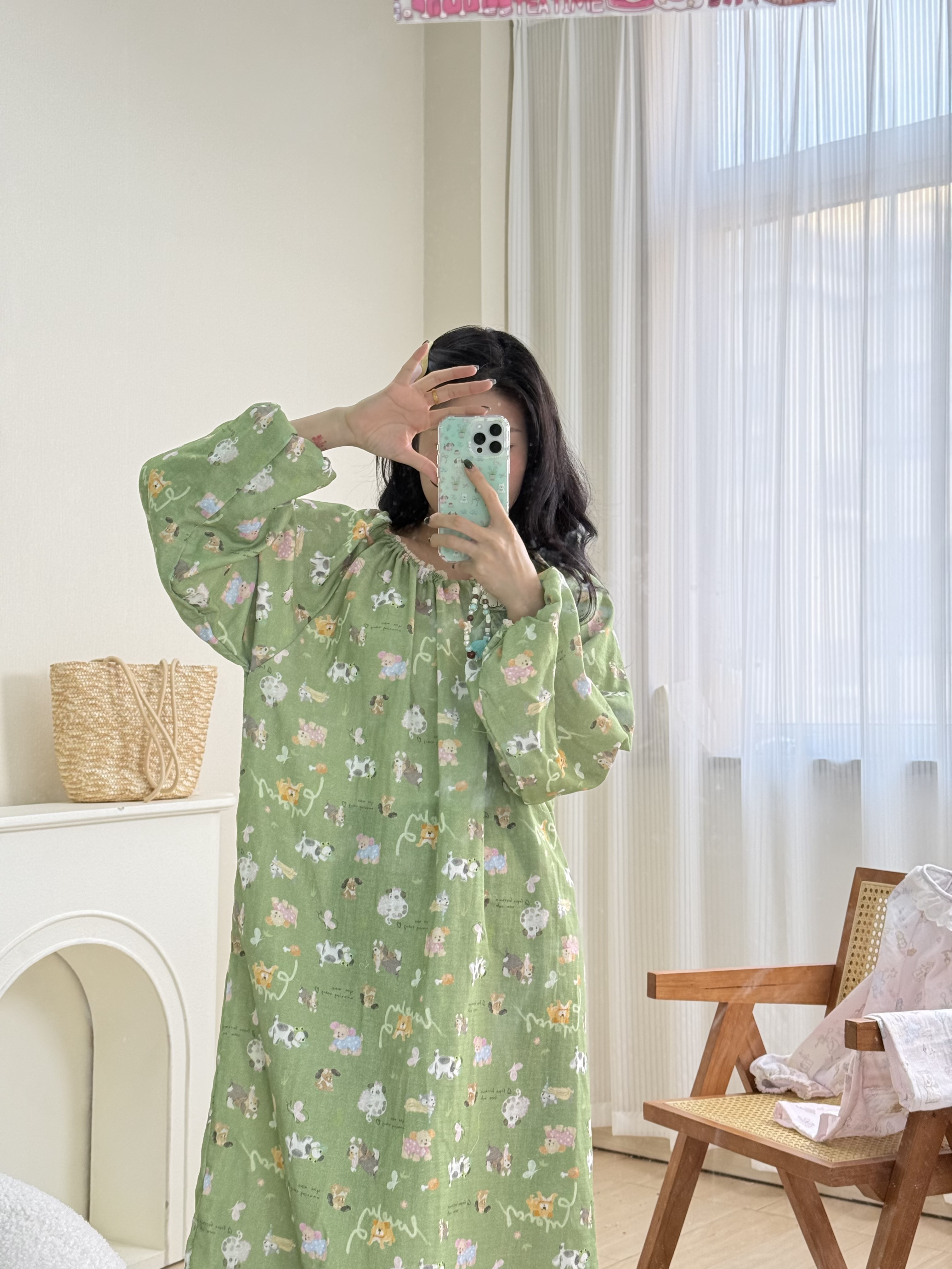 大码泡泡袖睡裙！全棉双层婴儿棉纱纯棉印花ins韩版时尚睡裙慵懒风