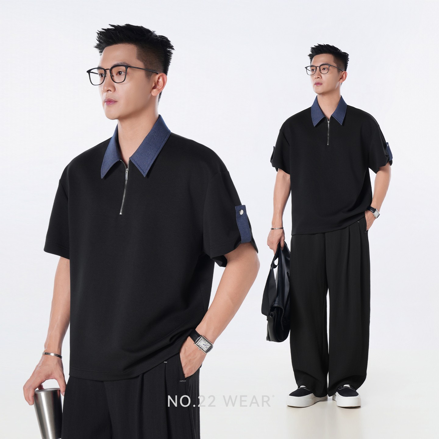 二十二号穿搭【时装周高定】夏季撞色牛仔翻领半拉链设计款polo短袖