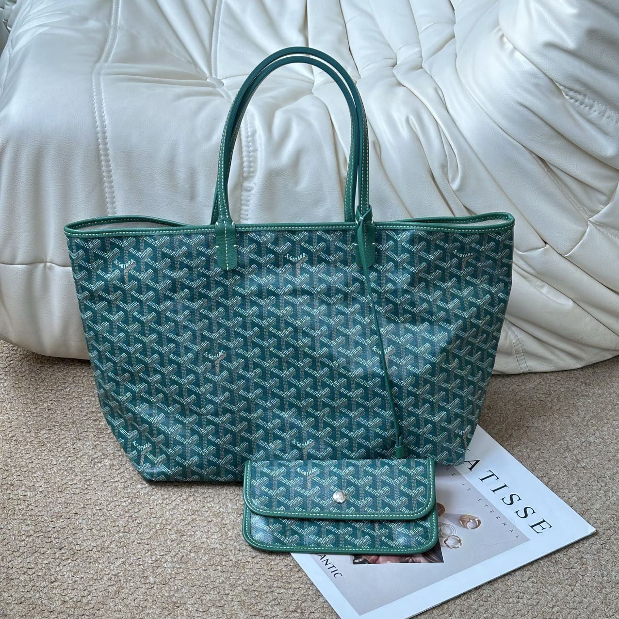 95新 Gaoy/戈雅 戈雅goyard 绿老花 托特中号单肩包/662989913