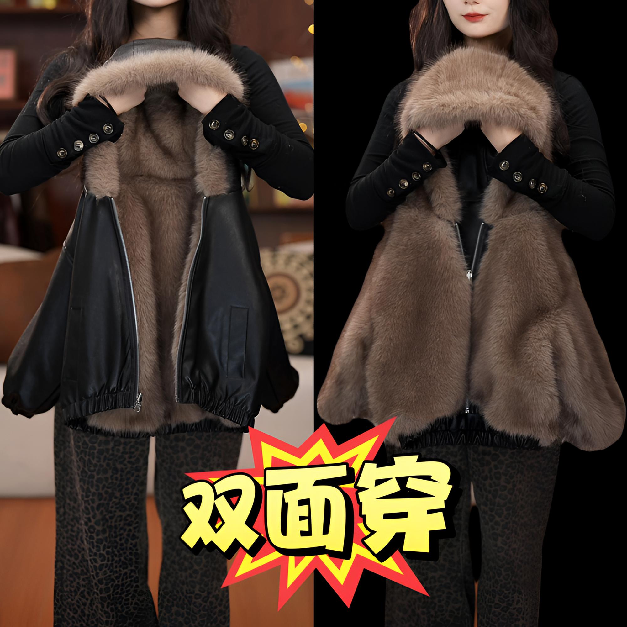 儿童皮衣外套冬款双面穿2025冬季新款加绒加厚宽松连帽上衣派克服