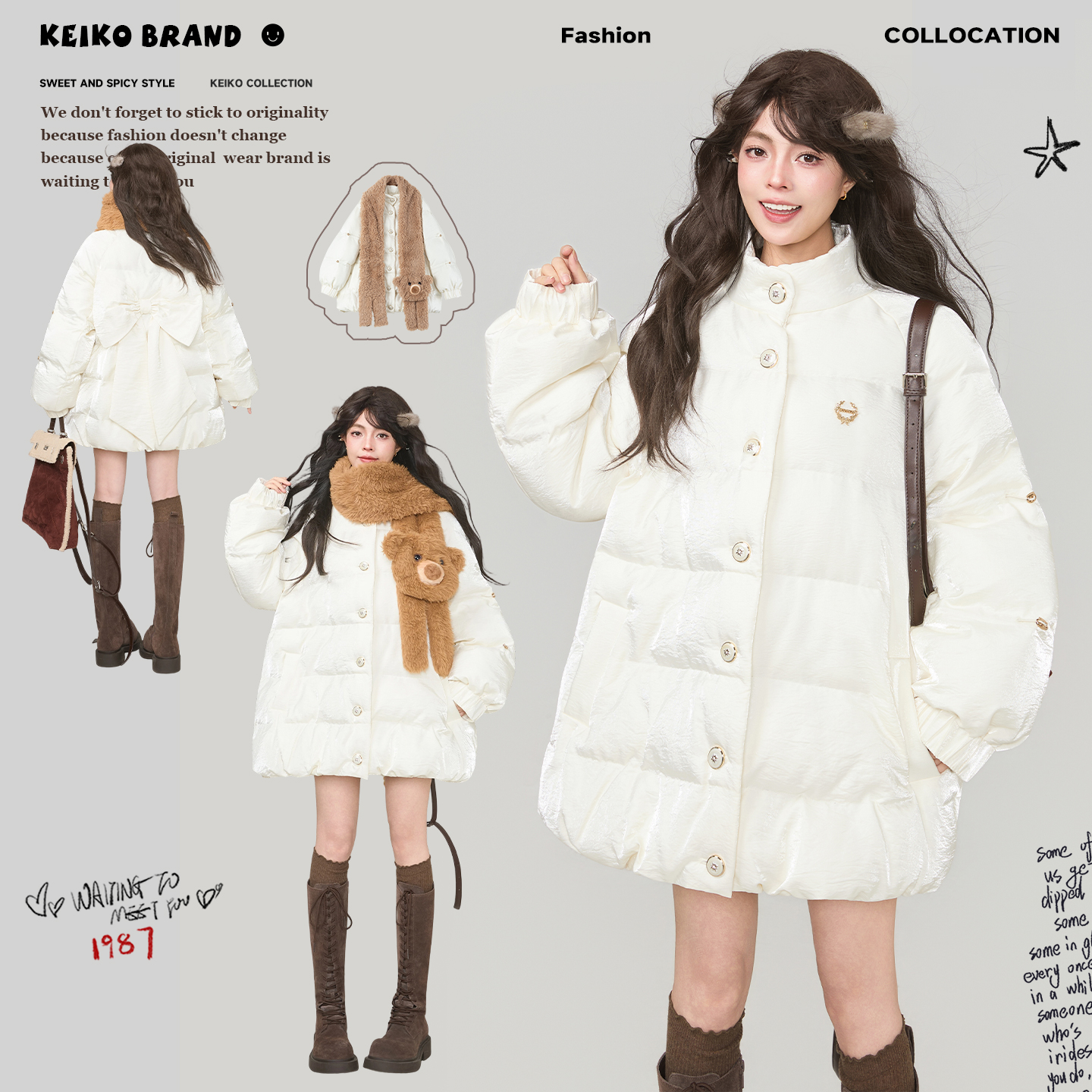 KEIKO 流光缎感白色立领棉服25冬季温柔少女风蝴蝶结扎花棉袄外套